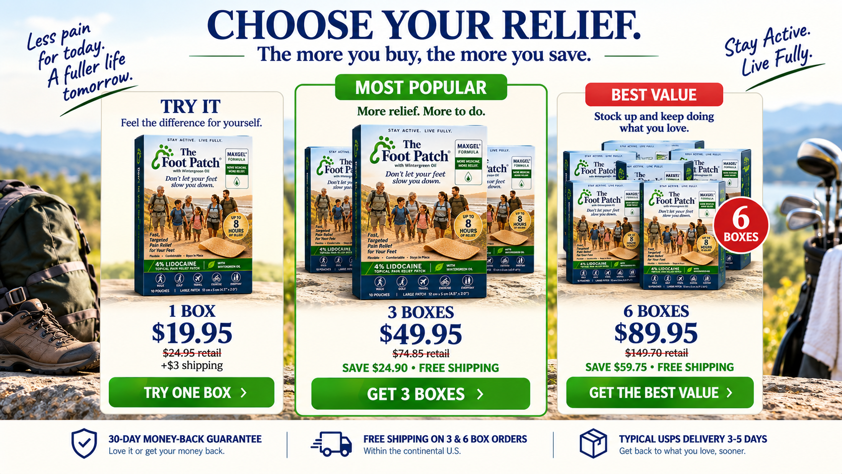 Choose Your Relief — 1 Box $19.95, 3 Boxes $49.95 (Most Popular), 6 Boxes $89.95. 30-day money-back guarantee. Free shipping on 3 & 6 box orders.