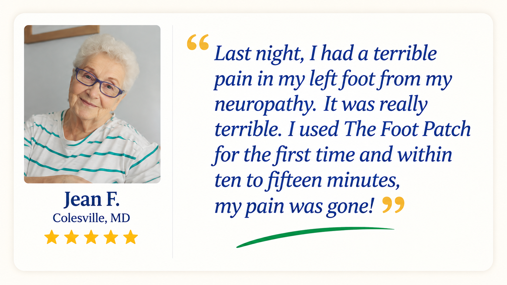 Jean F., Colesville MD — 5-star review of The Foot Patch